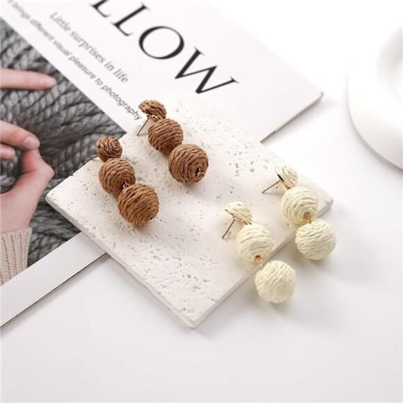 Boho Double Ball Drop Earrings โ Woven Rattan Statement Earrings, Set of 2 pair - Picture 5 of 7